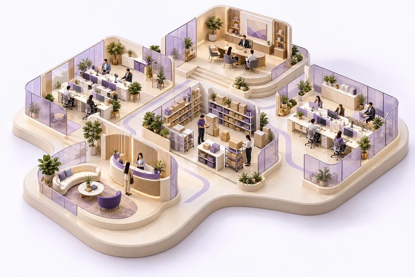 An architectural business model viewed from above, connecting reception, sales, operations, customer service and leadership.