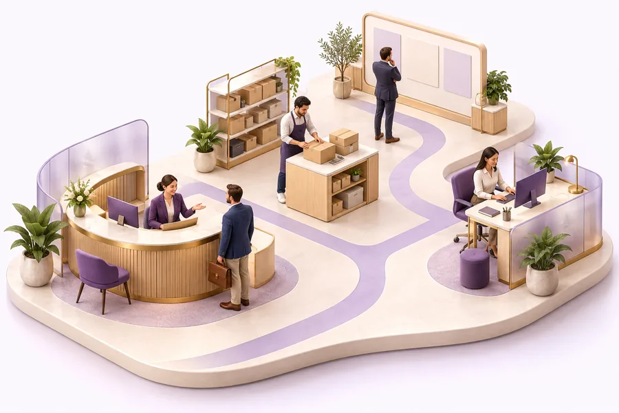 Miniature workplace with sales, service, operations and leadership connected by a violet workflow.