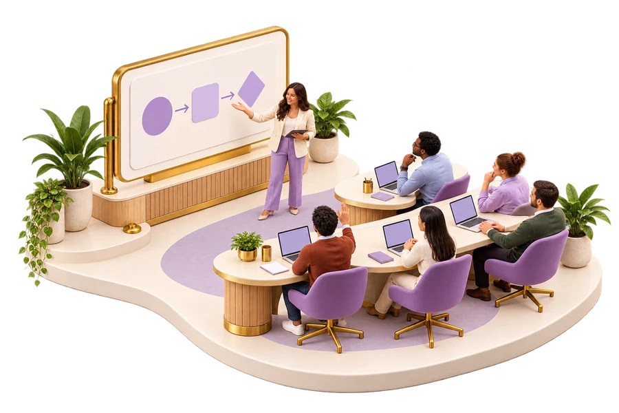 A trainer teaches a workflow to five employees practicing with their laptops.
